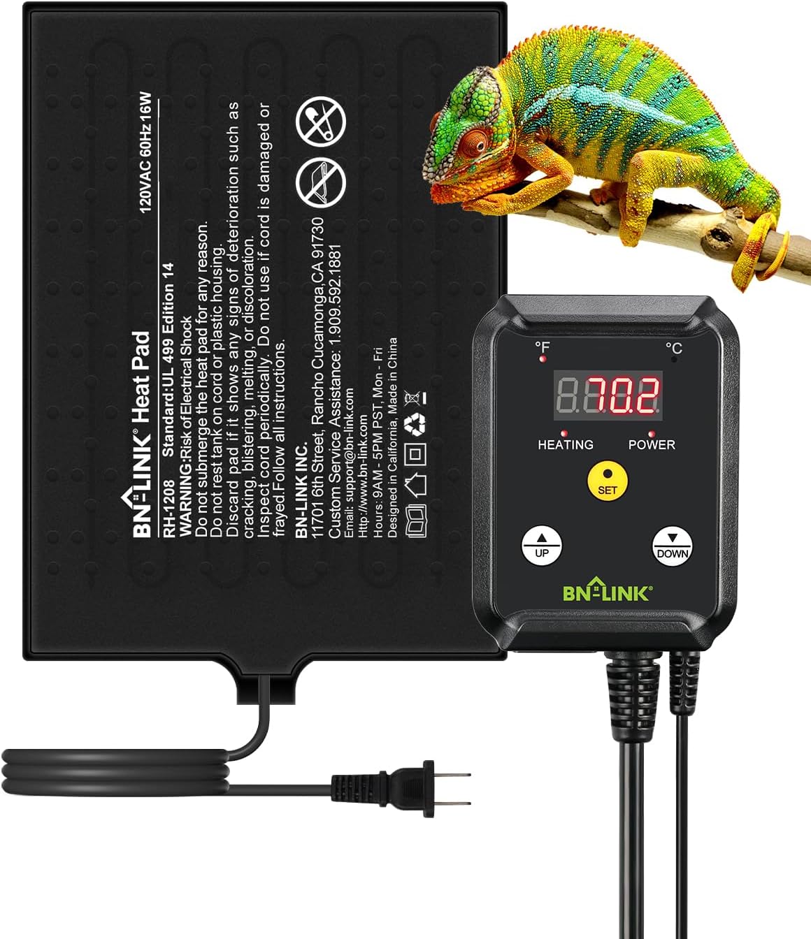 BN-LINK Durable Reptile Heating Pad 8" X 12" with Digital Thermostat Under Tank Heater Terrarium