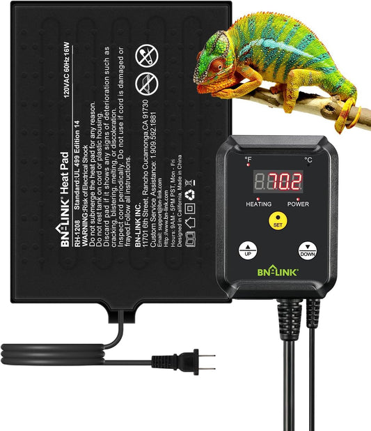 BN-LINK Durable Reptile Heating Pad 8" X 12" with Digital Thermostat Under Tank Heater Terrarium