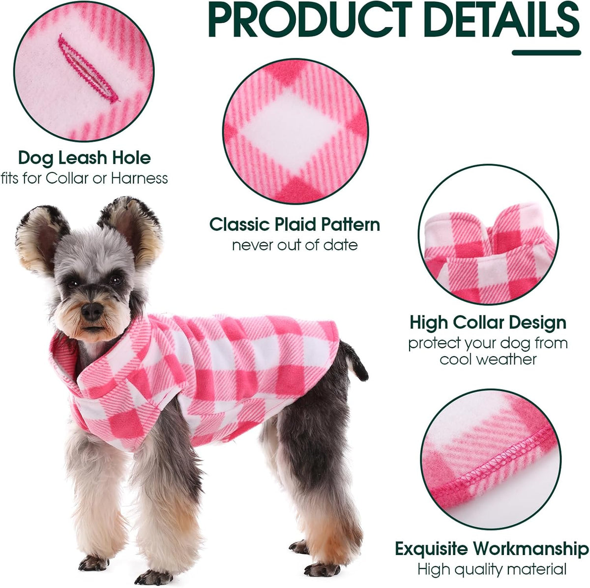 Kuoser Dog Fleece Vest,Warm Plaid Dog Sweater with Leash Hole,Soft Turtleneck Winter Pet Jacket