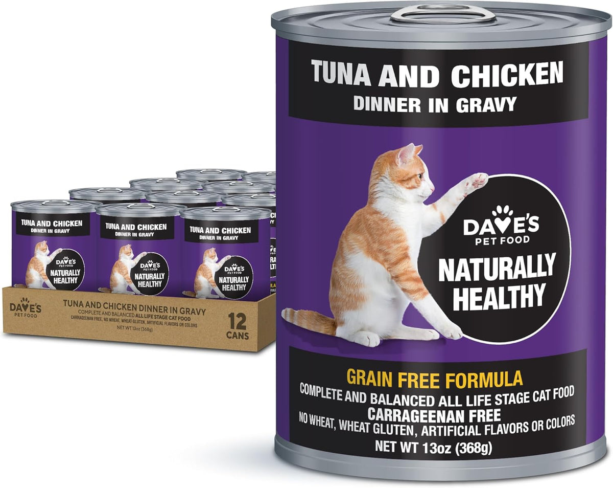 Dave's Pet Food Grain Free Wet Cat Food (Tuna & Chicken Dinner in Gravy), Naturally Healthy Canned