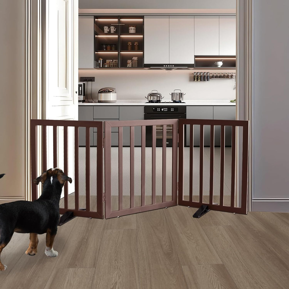 ZJSF Freestanding Indoor Dog Gate for House Foldable Wood Puppy Gate for Doorways Pet Gate for