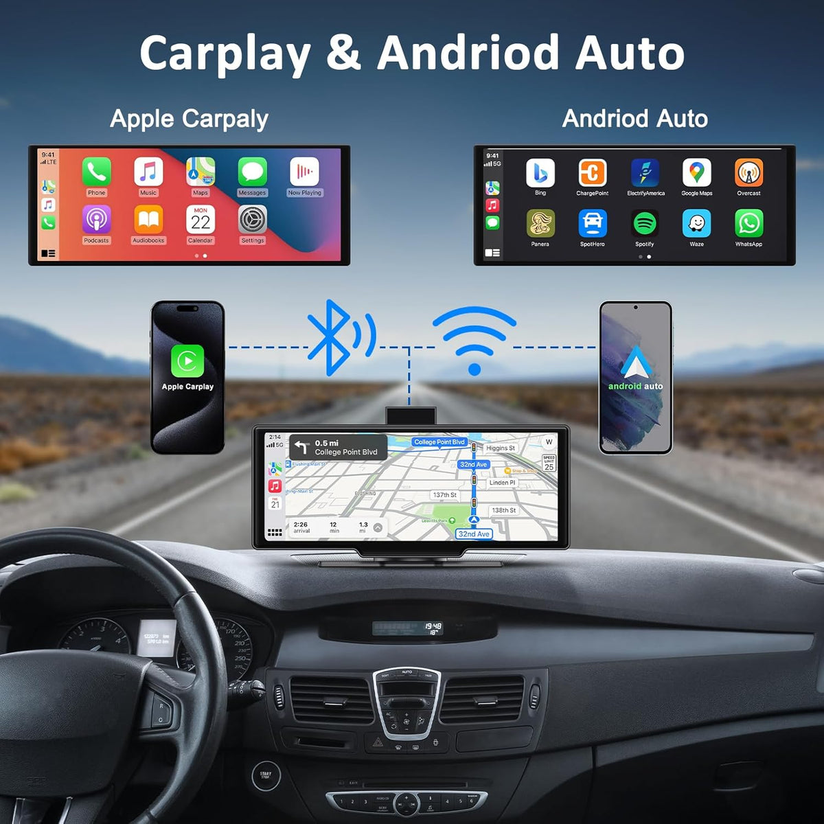 Apple carplay & Android Auto,Wireless Double din 10.26 inch Dash Cam with Front Camera and Backup