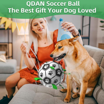 QDAN Dog Soccer Balls Toy with Bell Inside, Outdoor Interactive Toys for Tug of War, Puppy Birthday