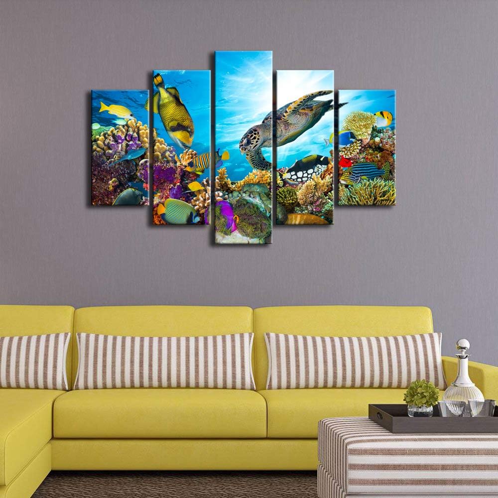 Xlarge 5 Piece Underwater World Canvas Wall Art Painting Sea Turtles Tropical Fish Swim on Coral