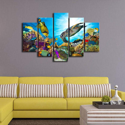 Xlarge 5 Piece Underwater World Canvas Wall Art Painting Sea Turtles Tropical Fish Swim on Coral