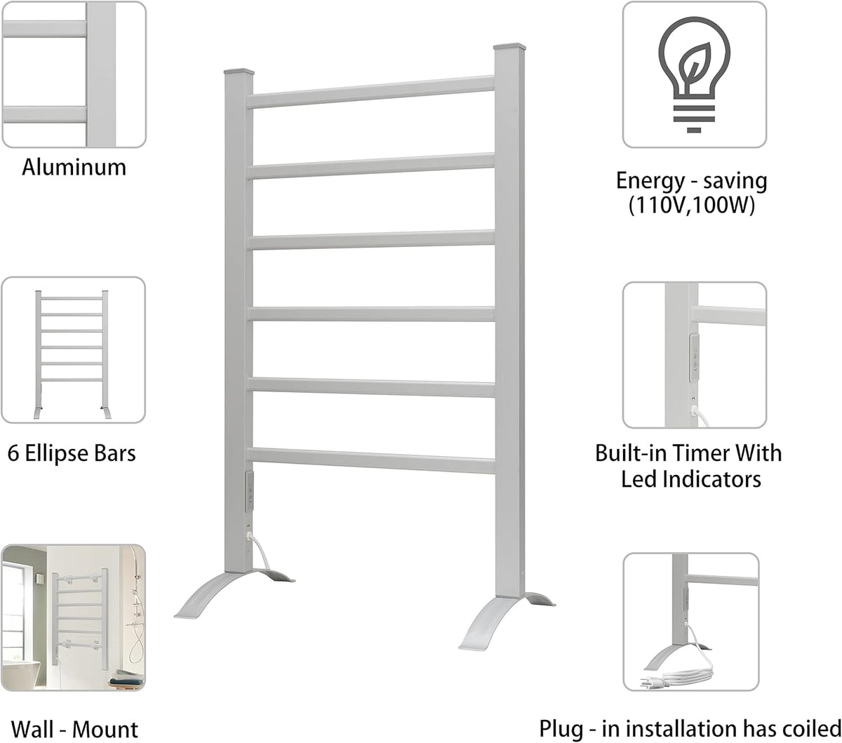 KEG Towel Warmer 6 Bars for Bathroom Freestanding or Wall Mounted Bath Towel Heater Plug-in with
