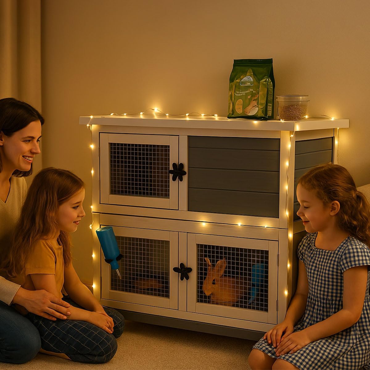 2 Story Solid Wood Rabbit/Bunny Hutch with 2 Large Main Rooms, Indoor Outdoor Rabbit House Guinea