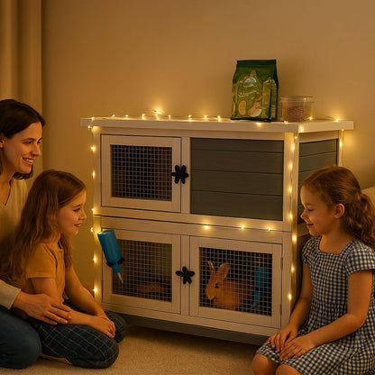 2 Story Solid Wood Rabbit/Bunny Hutch with 2 Large Main Rooms, Indoor Outdoor Rabbit House Guinea