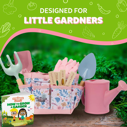 Floral Garden Kit Tools - Includes Sturdy Tote Bag, Watering Can, Gloves, Shovels, Rake, and