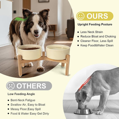 SPUNKYJUNKY Elevated Dog Bowls Ceramic, 7.3'' Dogs Food Water Bowls Raised with Non-Slip Bamboo