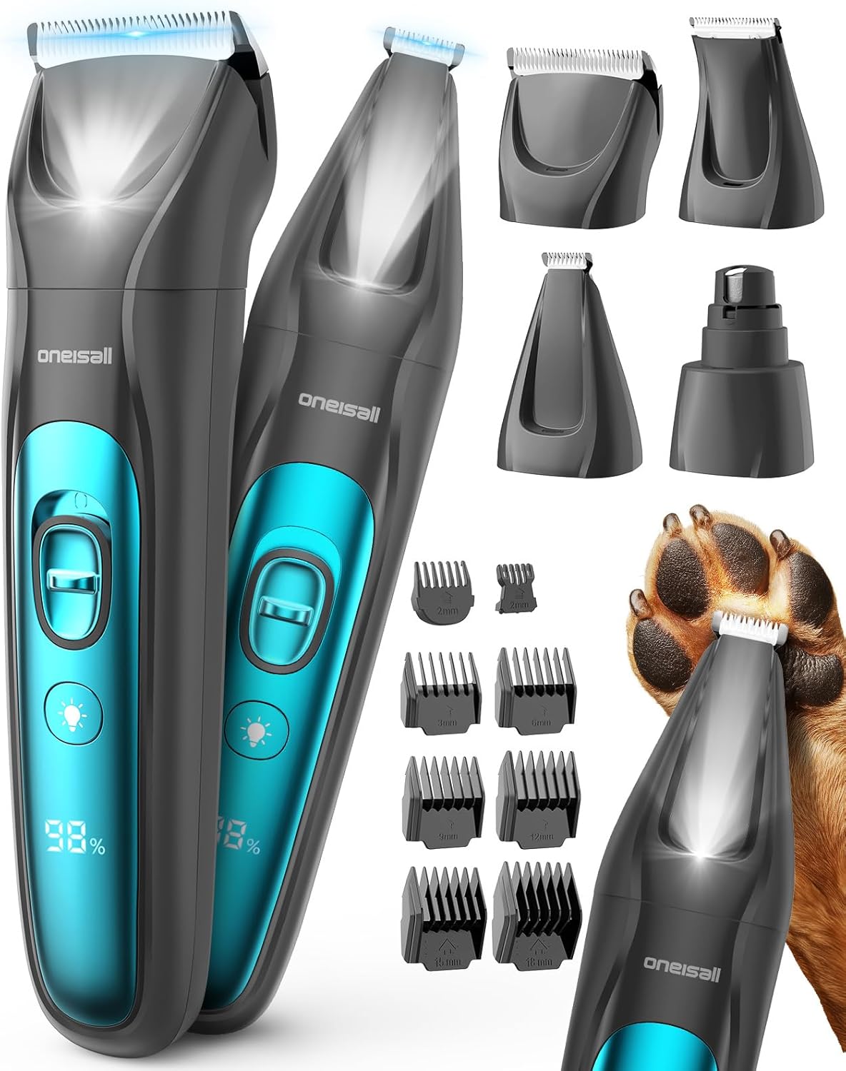 oneisall Quiet Dog Clippers for Grooming LED Light, Cordless Dog Grooming Kit 4 in 1, 2000mAh Pet