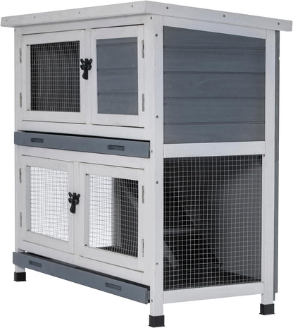 2 Story Solid Wood Rabbit/Bunny Hutch with 2 Large Main Rooms, Indoor Outdoor Rabbit House Guinea
