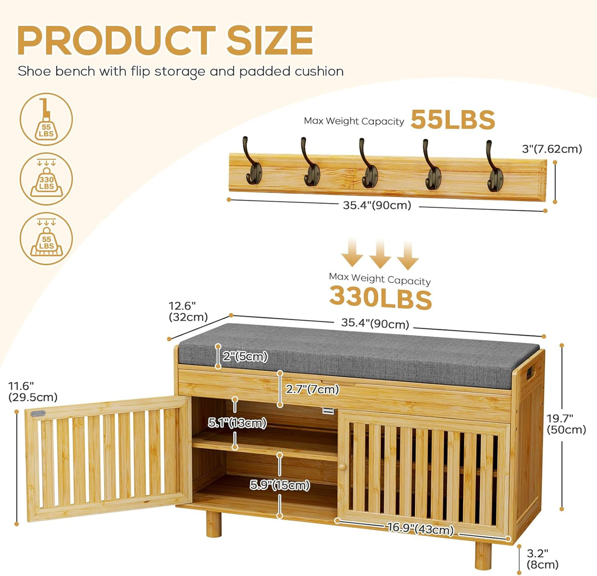 Coat Rack Shoe Bench Set, Bamboo Shoe Storage Bench with Seat Cushion & 5 Hooks, Hall Tree Entryway