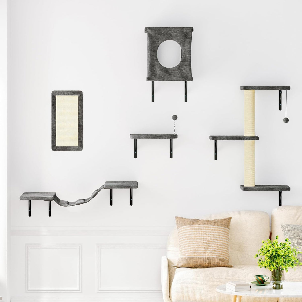 NUNU LAB Cat Wall Shelves Set, 5 Pcs Wall-Mounted Cat Climber with Cat House, Bridge, Scratching