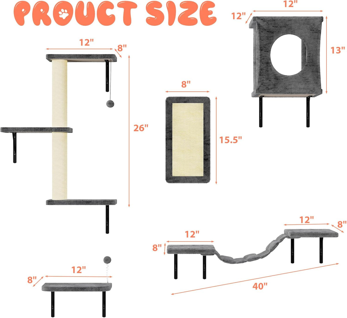 NUNU LAB Cat Wall Shelves Set, 5 Pcs Wall-Mounted Cat Climber with Cat House, Bridge, Scratching