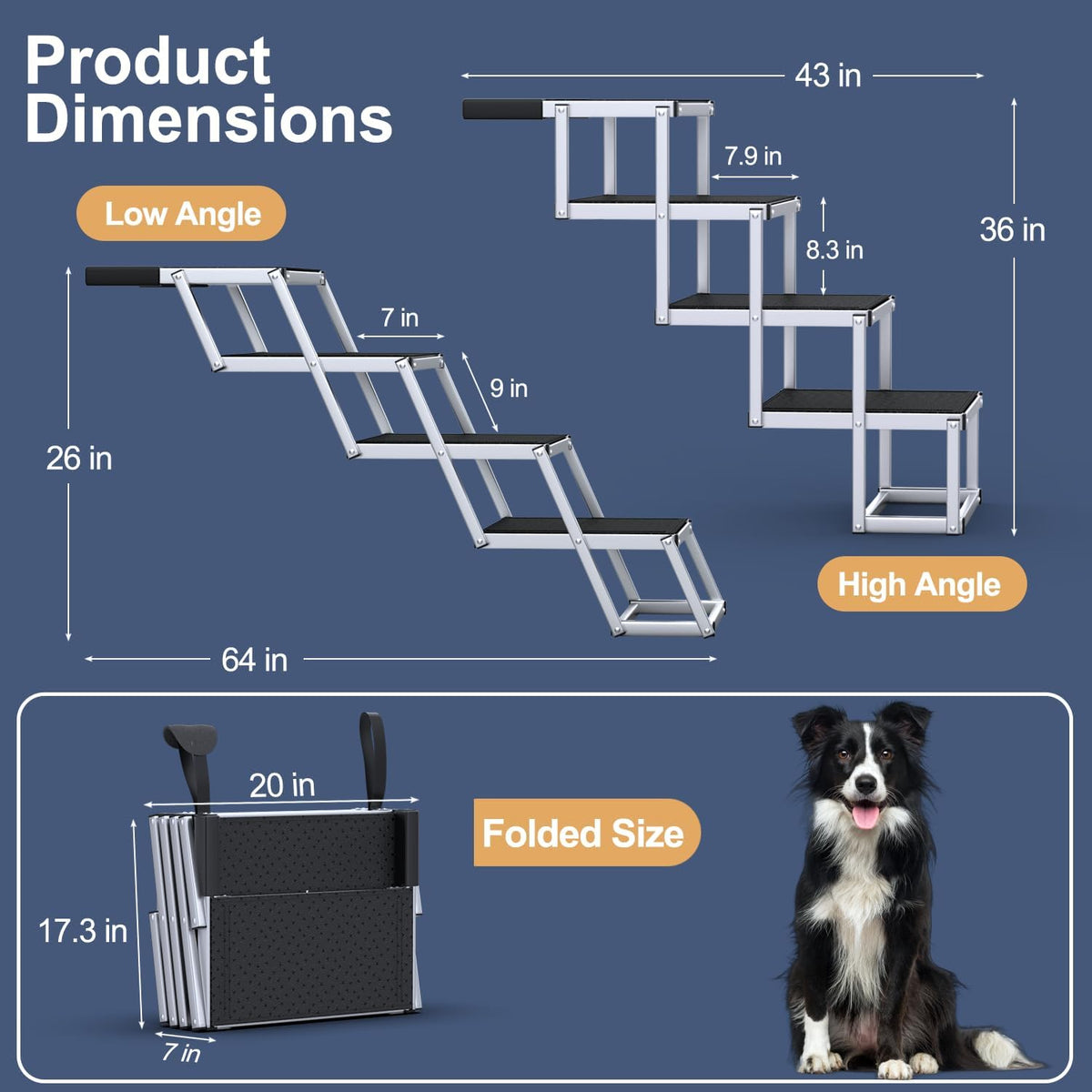 Extra Wide Dog Stairs for Large Dogs, Foldable Dog Ramp for Car with Non-Slip Surface, Dogs Stairs