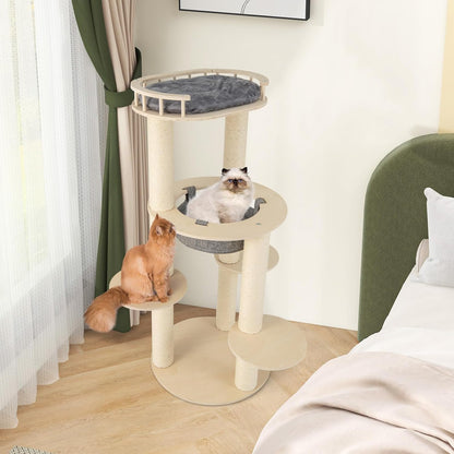 Tangkula Wood Cat Tree, 59 Inch Multi-Level Cat Tower with Top Padded Perch, Hammock, 3 Platforms &