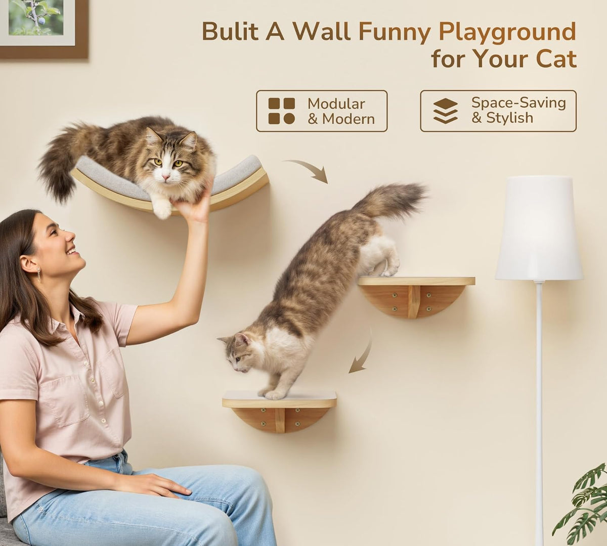 Cat Wall Shelf & Window Perch Combo, Wood Cats Wall Furniture with Soft Foam Curved Bed and