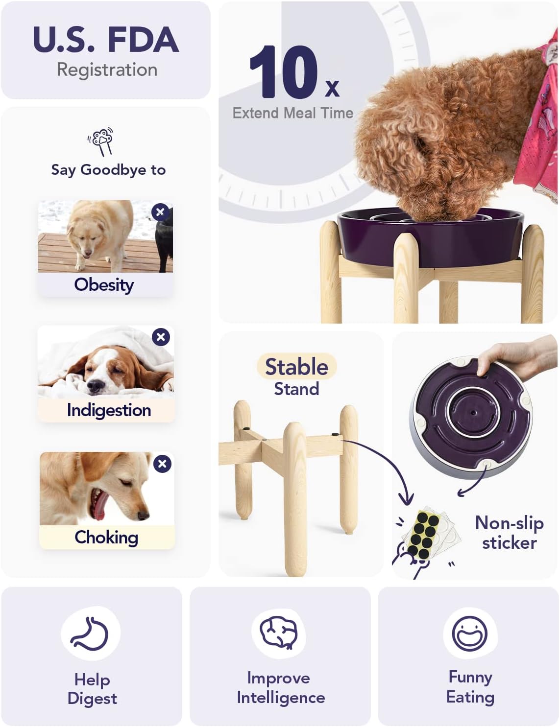 LE TAUCI Ceramic Slow Feeder Dog Bowls Elevated, 3 Cup Raised Bowl with Wooden Stand for Medium