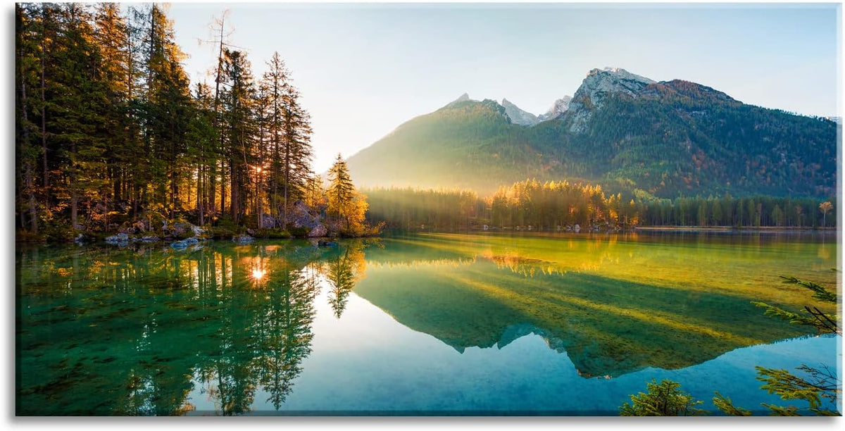 Beautiful Lake Mountain Range Sunrise Sunset Landscape Canvas Wall Art for Living Room, Autumn