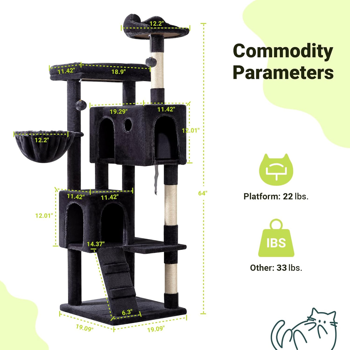 Allewie 64 Inches Cat Tree Tower/Multi-Level Activity Center for Indoor Big Felines/2 Plush