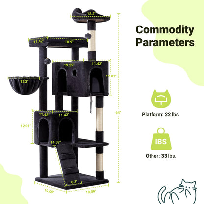 Allewie 64 Inches Cat Tree Tower/Multi-Level Activity Center for Indoor Big Felines/2 Plush