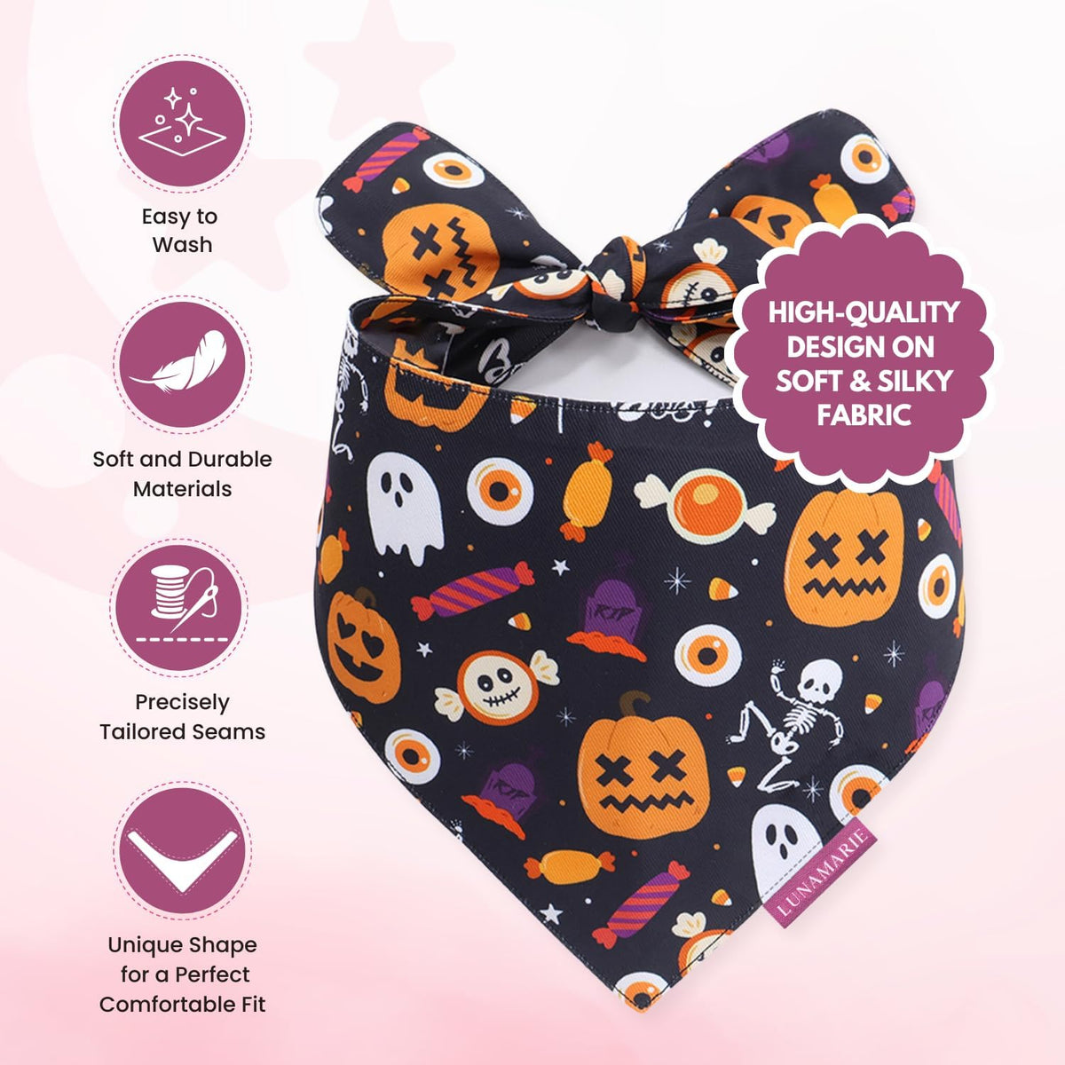 LunaMarie - Luxury Cat and Dog Bandanas - Halloween Designs | Premium Silky Poly Fabric | 100%