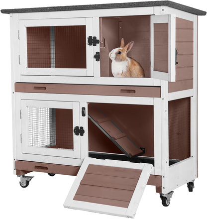 AIVITUVIN Wooden Rabbit Hutch Indoor Outdoor Rabbit Cage with Two Removable Trays Bunny Cage on
