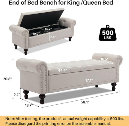 58.1'' Storage Bench Upholstered Linen End of Bedroom Bed Bench Ottoman with Tufted Cushioned
