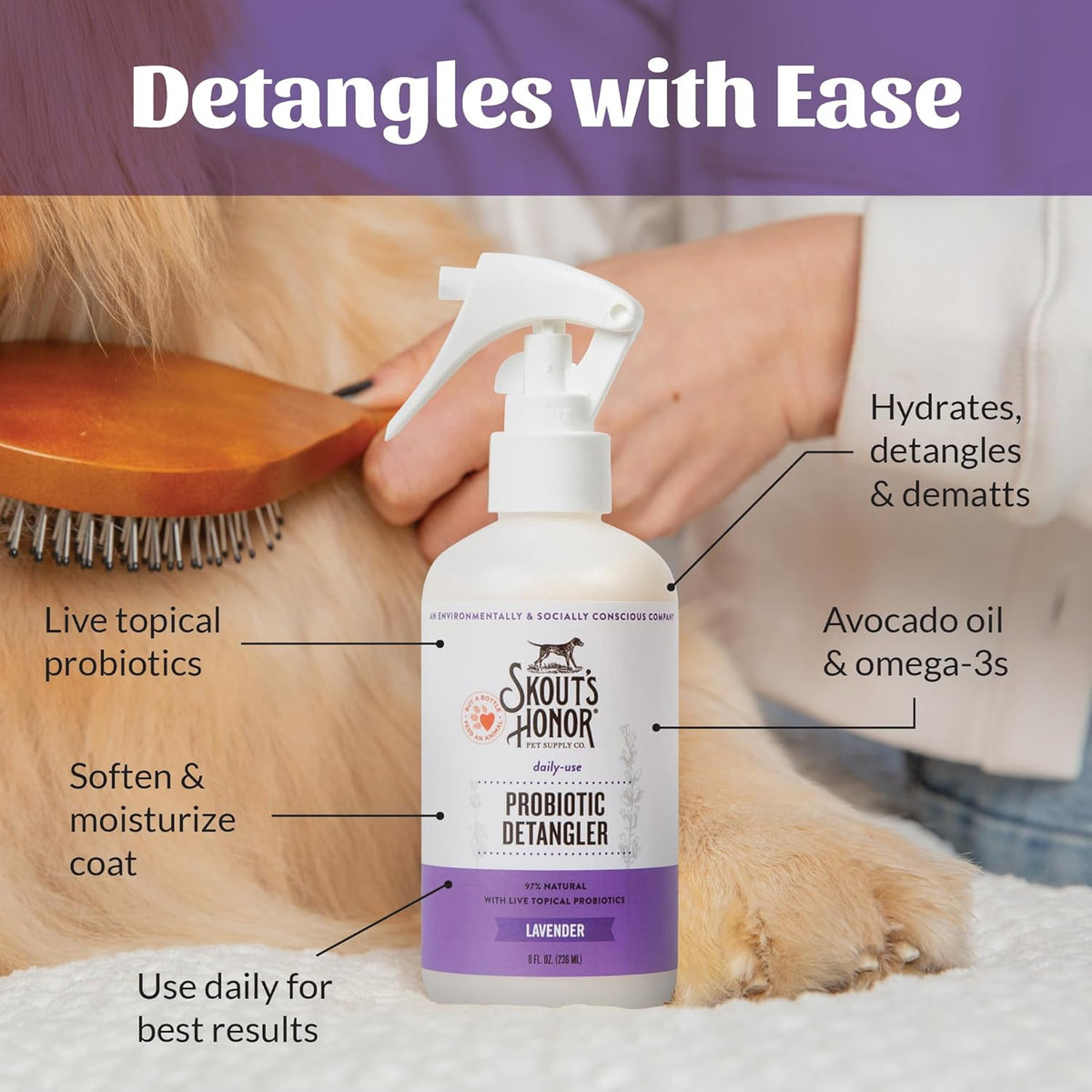 Skout's Honor Pet Detangler Spray - Hydrating & Conditioning with Avocado Oil & Probiotics, 97%