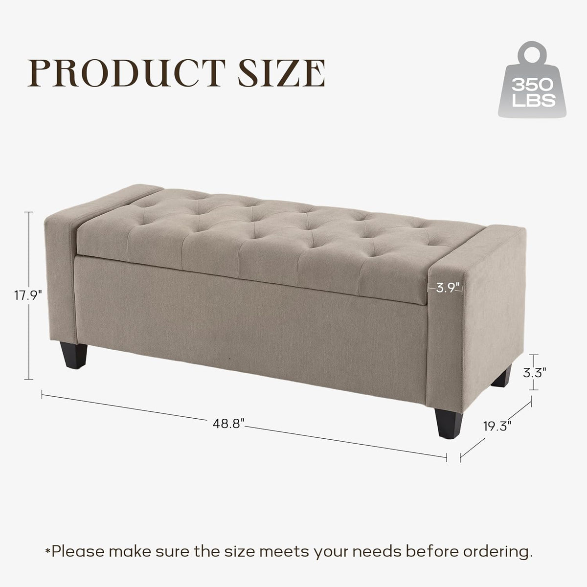Ottoman with Storage, 48.8" Fabric Storage Ottoman Bench with Hinge, Bedroom Bench, Upholstered