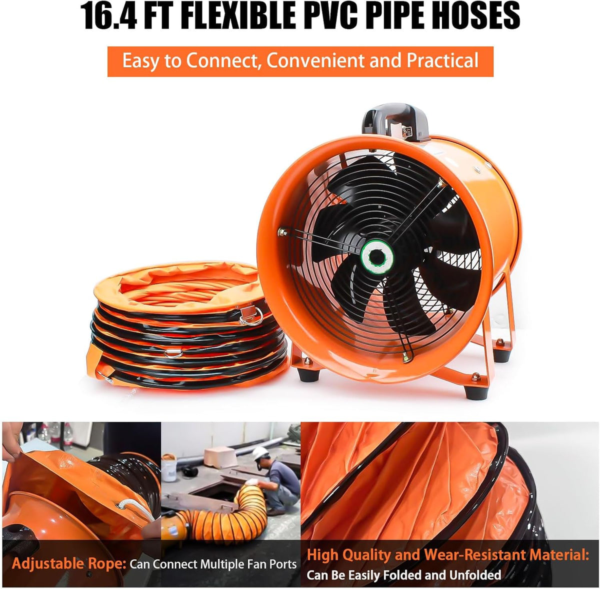 10-Inch High-Velocity Portable Utility Blower Fan, Industrial Exhaust Fan with 16.4ft Flexible Duct