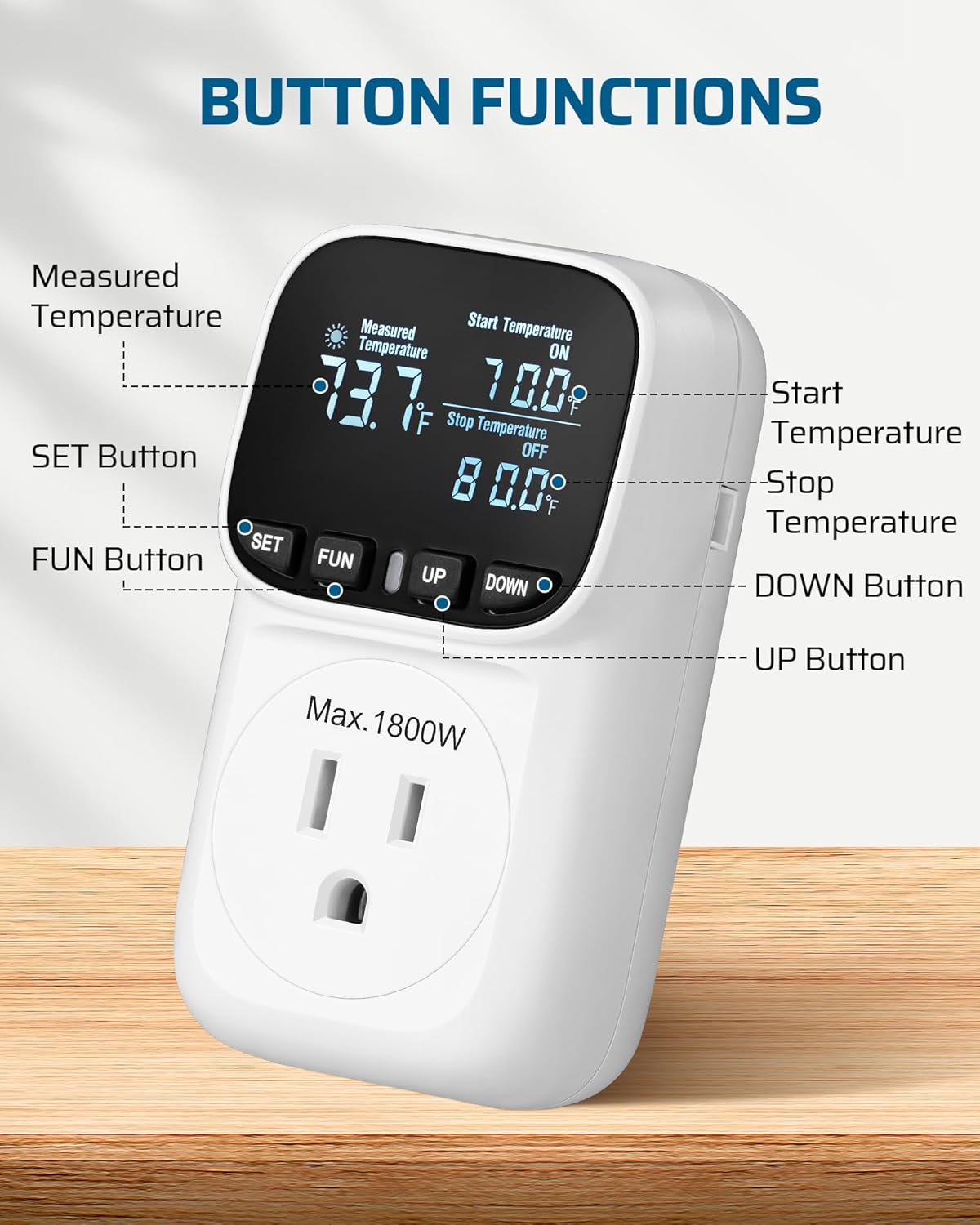 DEWENWILS Digital Temperature Controller, Heavy Duty 15A/1800W Thermostat Outlet Plug, VA Display
