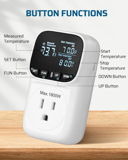 DEWENWILS Digital Temperature Controller, Heavy Duty 15A/1800W Thermostat Outlet Plug, VA Display