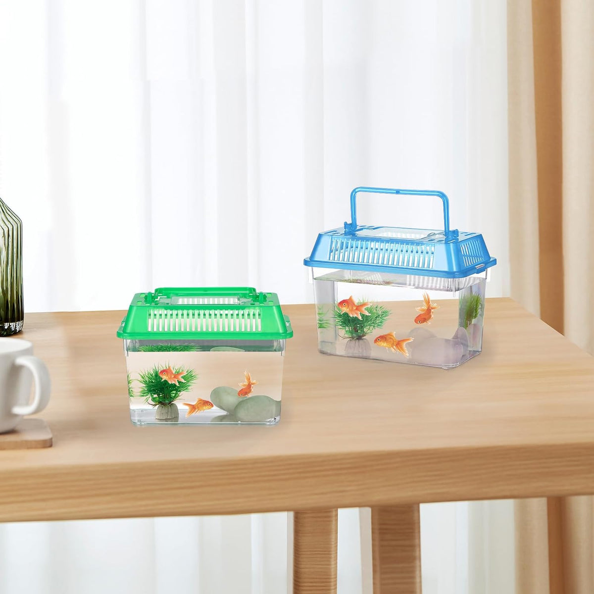 NOLITOY 4pcs Mini Fish Tank, Plastic Fish Box Breeding Case with Handle Desktop Reptile Carrier