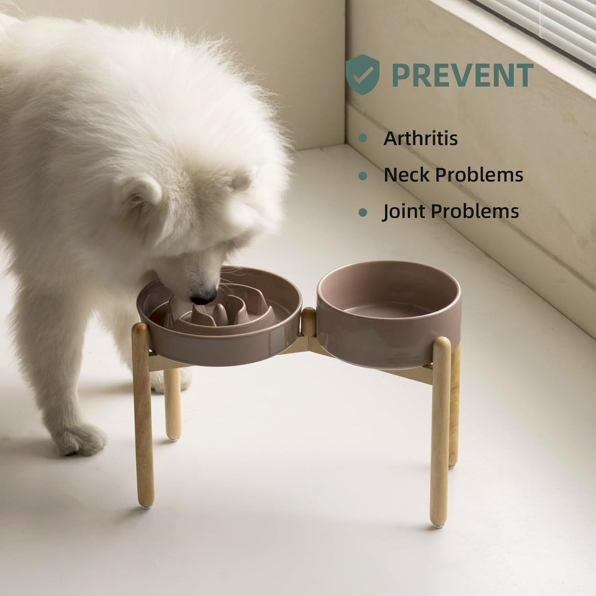 Ceramic Raised Slow Feeder Dog Bowl Set, Elevated 8.2inch Bowl and 9.5inch Puzzle Slow Food Dish