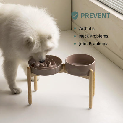 Ceramic Raised Slow Feeder Dog Bowl Set, Elevated 8.2inch Bowl and 9.5inch Puzzle Slow Food Dish