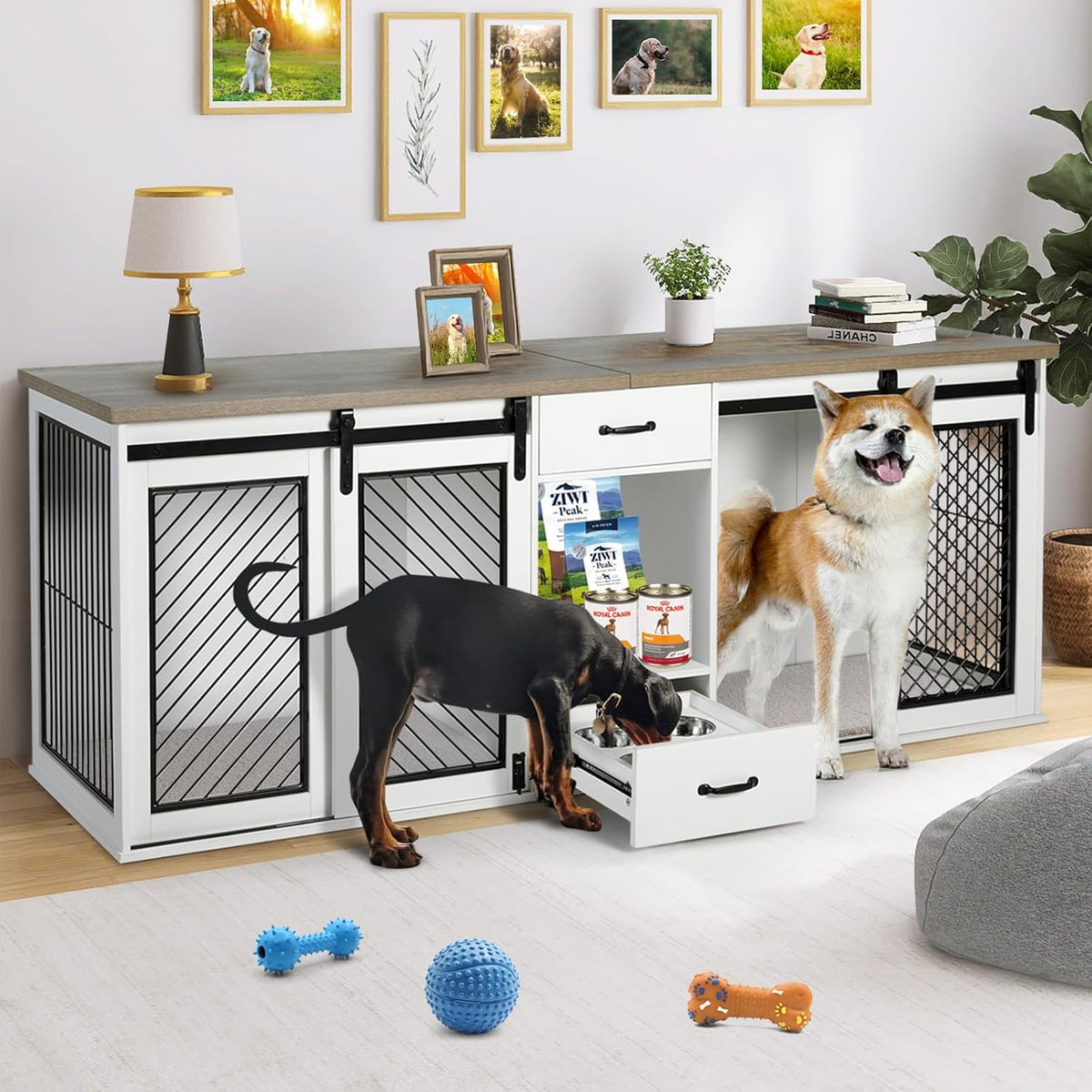 Extra Large Dog Crate Furniture, 85" Sliding Door Double Kennel for 2 Large Dogs Divided, Heavy