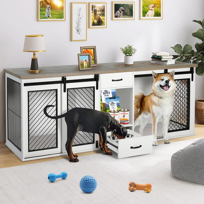 Extra Large Dog Crate Furniture, 85" Sliding Door Double Kennel for 2 Large Dogs Divided, Heavy