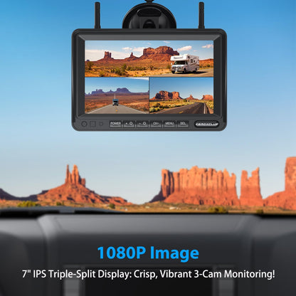 3-Camera Wireless RV Backup Camera System with 7-Inch Monitor, 1 Rear Sharkfin, 2 Side Cameras, DVR