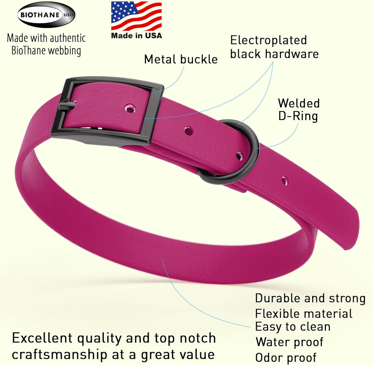 Dogline Biothane Waterproof Dog Collar Strong Coated Nylon Webbing with Black Hardware Odor- Proof