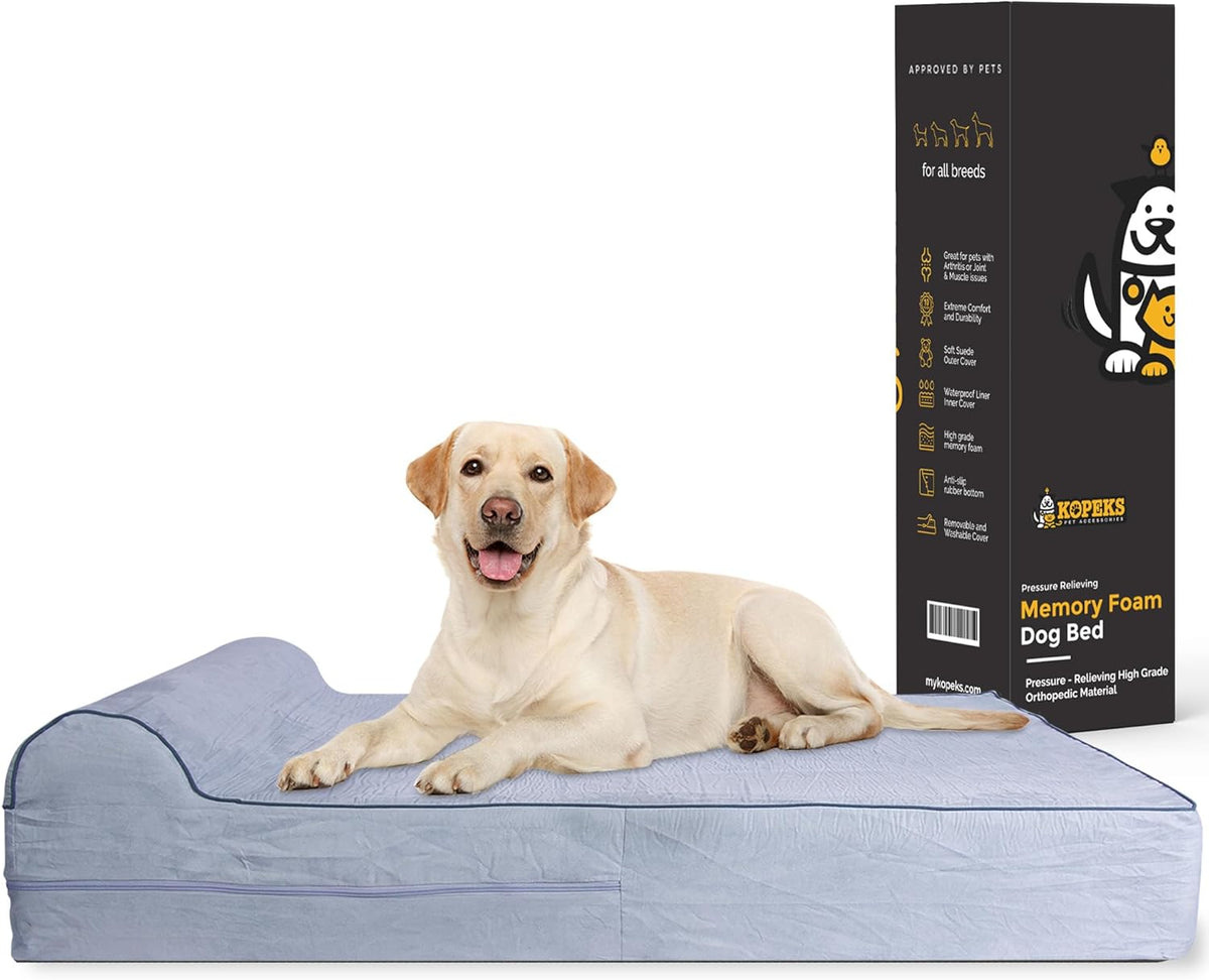 KOPEKS Orthopedic Memory Foam Dog Bed 7" Inch Thick Extra Large Dog Bed With Pillow Grey