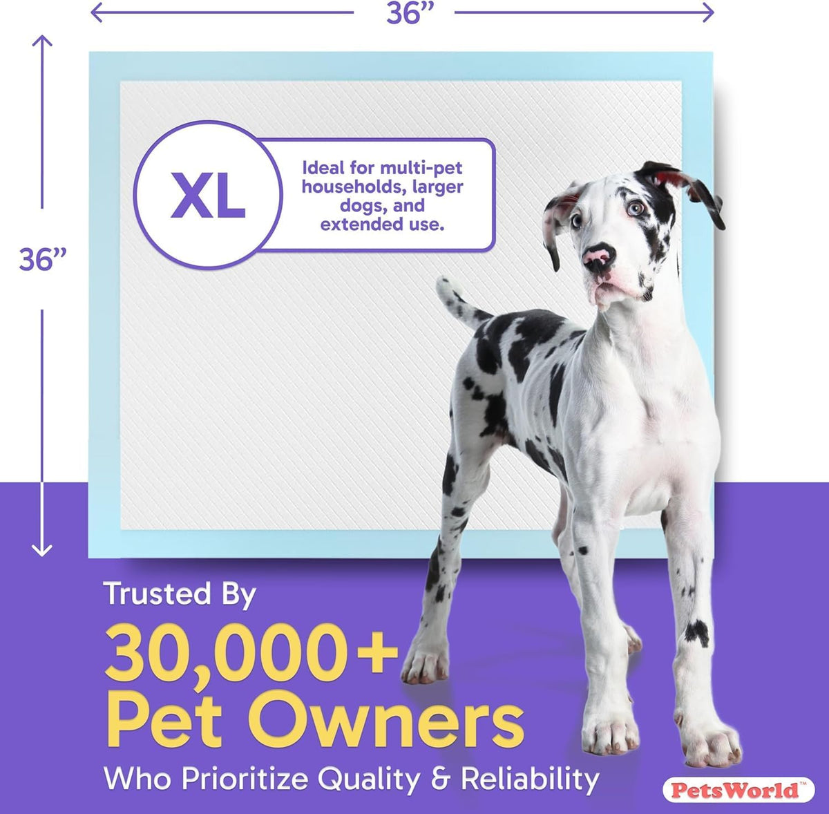 PETSWORLD Giant Dog Potty Pads, Odor-Eliminating, 36" x 36", Ultra Absorbent 5-Layer Leak-Proof