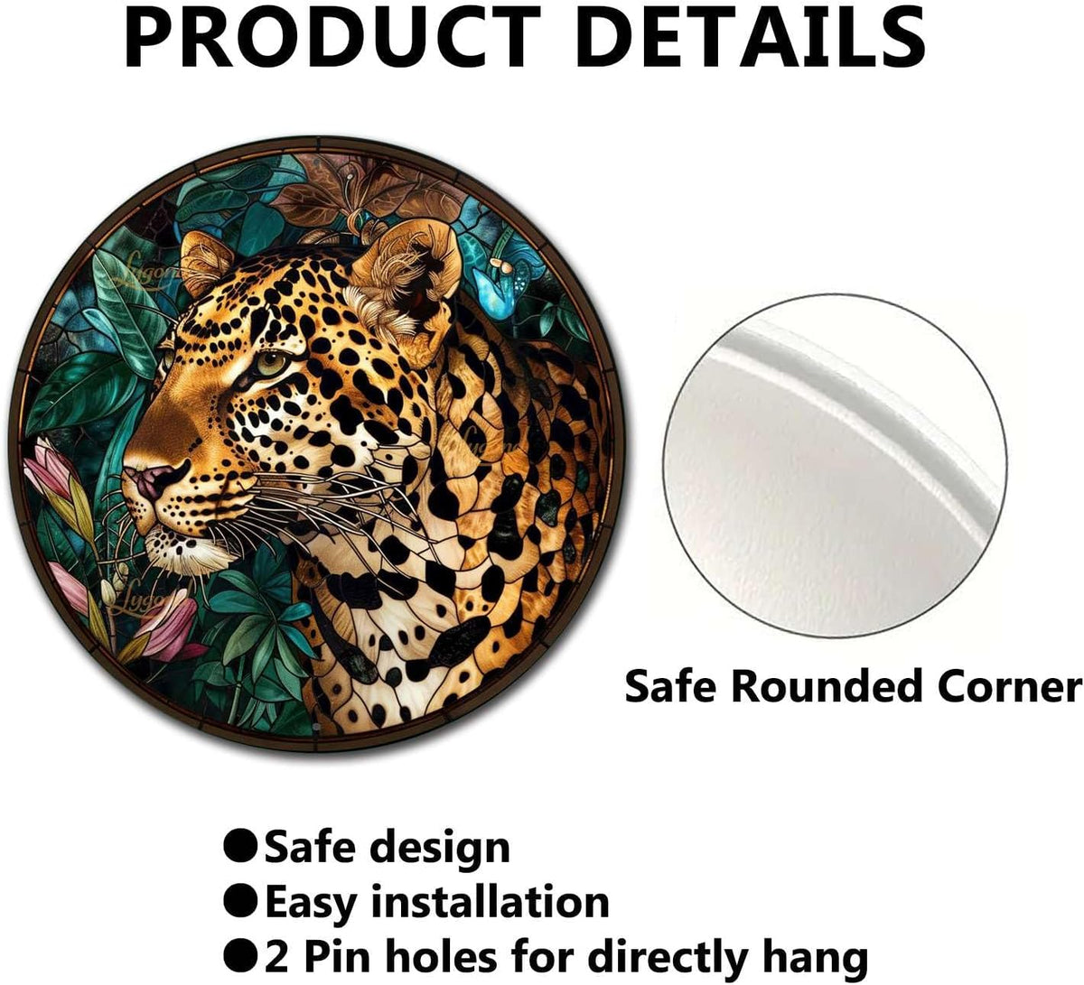 Lygond Metal Sign Tin Sign Circular Stained Glass Leopard Metal Signs Vintage For Restaurant 8×8