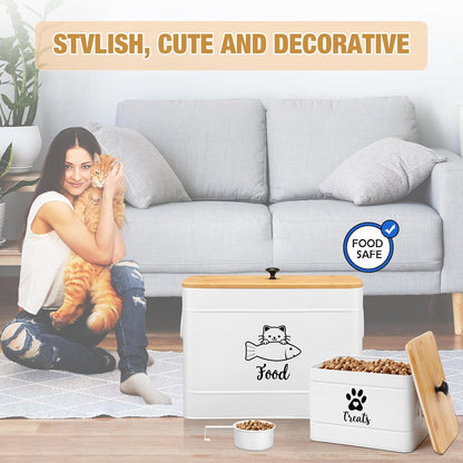 Extra Large Metal Cat Food Containers Airtight 12+3.5 lbs Cat Treat Snack Jars Set of 2 with Bamboo