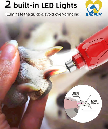 Casfuy Dog Nail Grinder Quiet - (45db) 6-Speed Pet Nail Grinder with 2 LED Lights for Large Medium