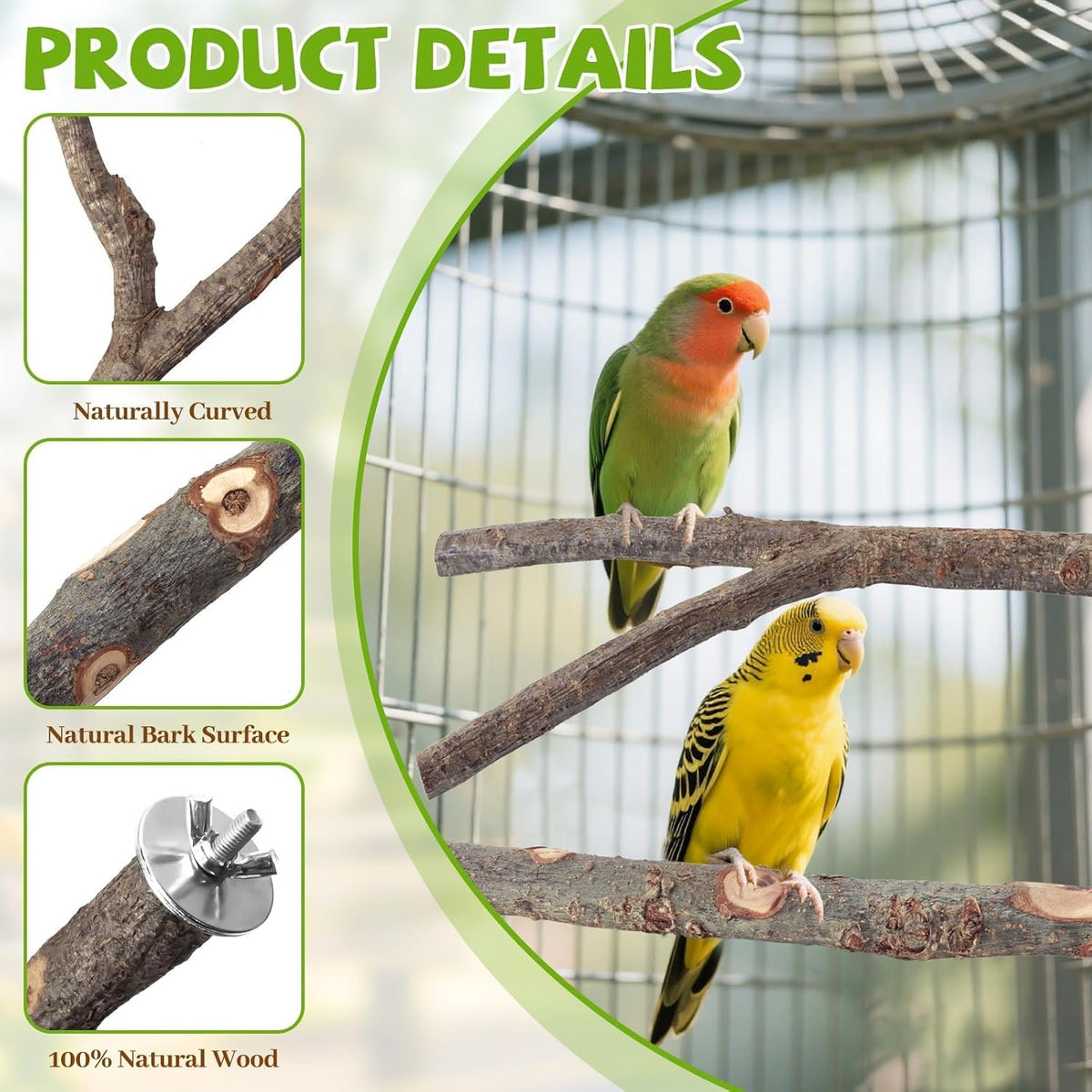 Natural Wood Bird Perches for Cage, Parrot Perch Stand & Platform, Bird Cage Accessories for