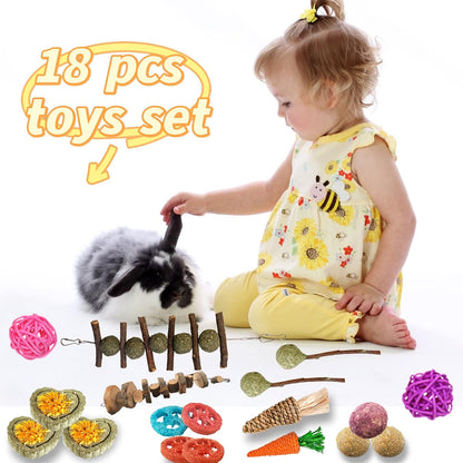 Grddaef 18 PCS Bunny Toys, Rabbit Toys Guinea Pig Toy Natural Apple Wood Grass Timothy Sticks Chew