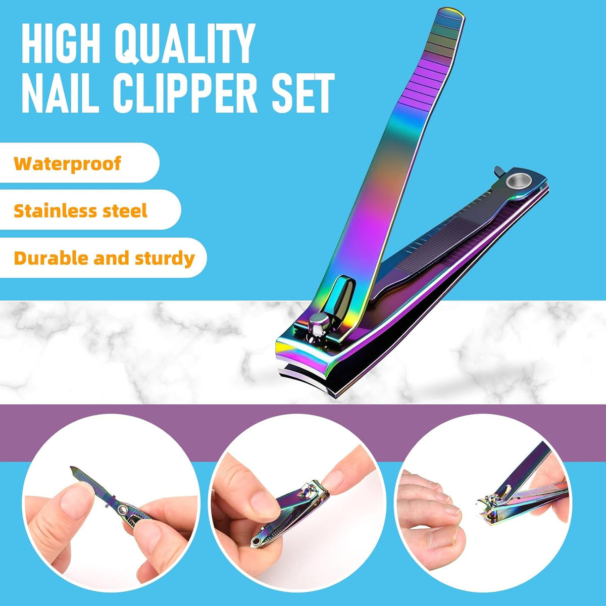 2PCS Stainless Steel Nail Clippers,Rainbow Fingernail Clipper and Toenail Clipper, Wide Easy Press