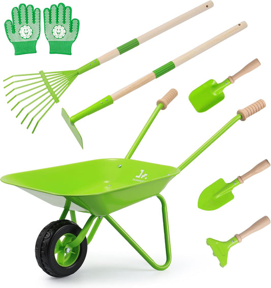 SainSmart Jr. Kids Gardening Set with Wheelbarrow - 7 Pcs Kids Rake and Shovel Set, Outdoor Toys